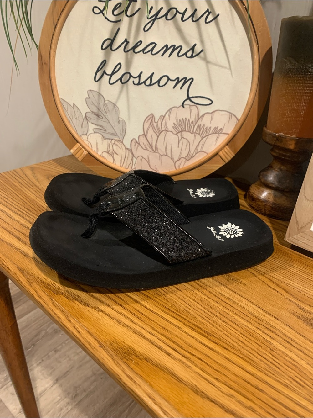 Yellow Box Black Glitter Flip Flops